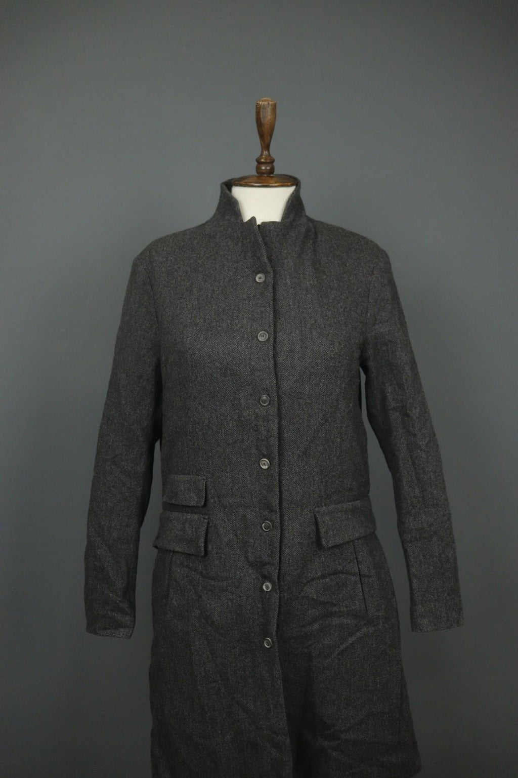 ANNETTE GOERTZ Gray Herringbone Wool Long Sleeve Button Front Long Coat – Size 38