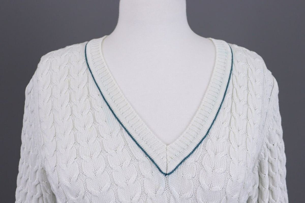Burberry London White Striped Knit V-Neck Sweater – Size 40