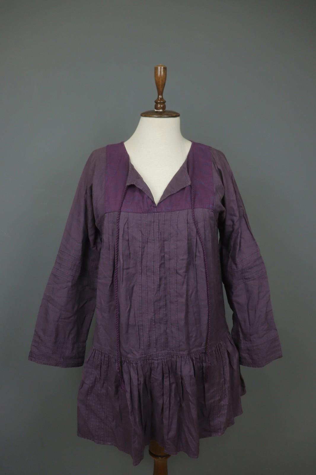 GUDRUN SJÖDEN Purple 100% Cotton Pintuck Long Sleeve Tie Neck Tunic Dress – Size S