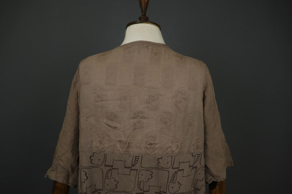 GUDRUN SJODEN Brown Elephant Print 3/4 Sleeve Round Neck Shift Dress – Size S