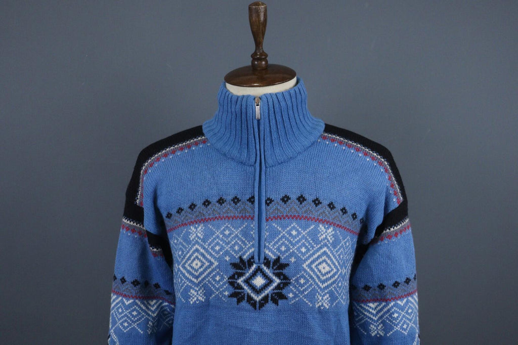 DALE OF NORWAY Blue Fair Isle Pure Wool Knit 1/4 Zip Ski Sweater