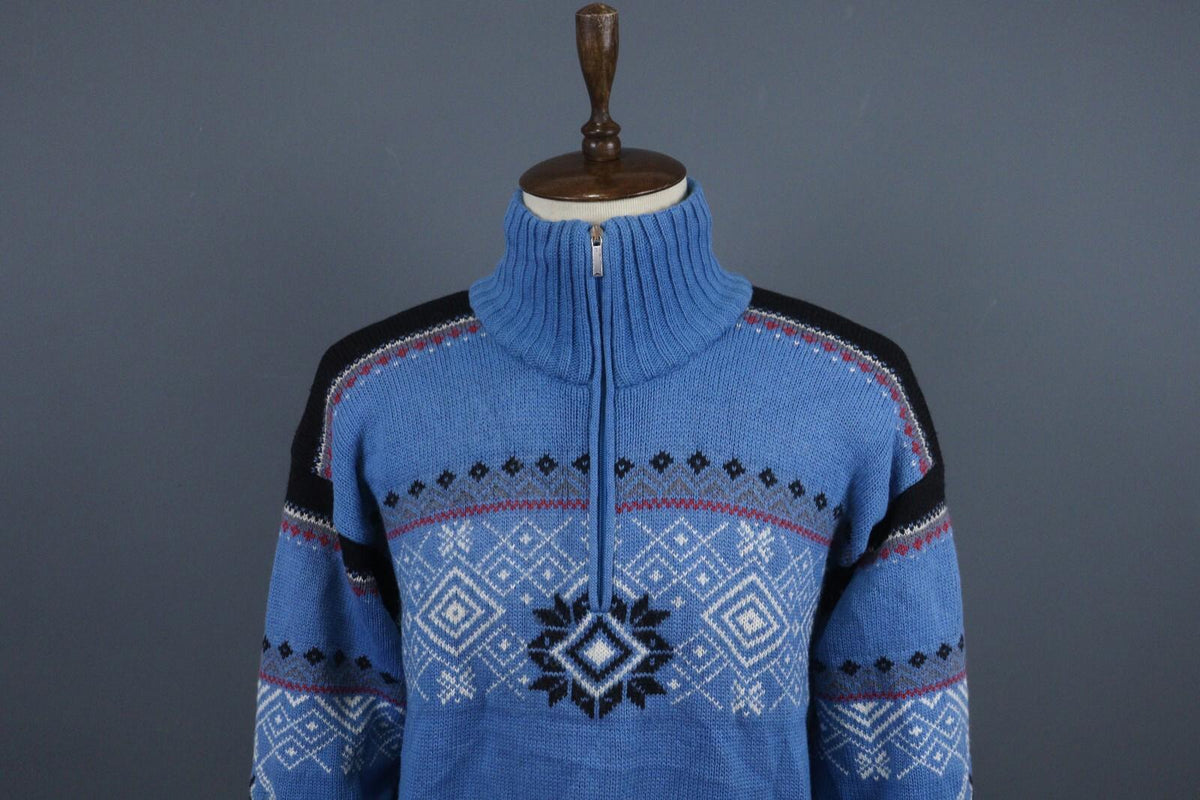 DALE OF NORWAY Blue Fair Isle Pure Wool Knit 1/4 Zip Ski Sweater