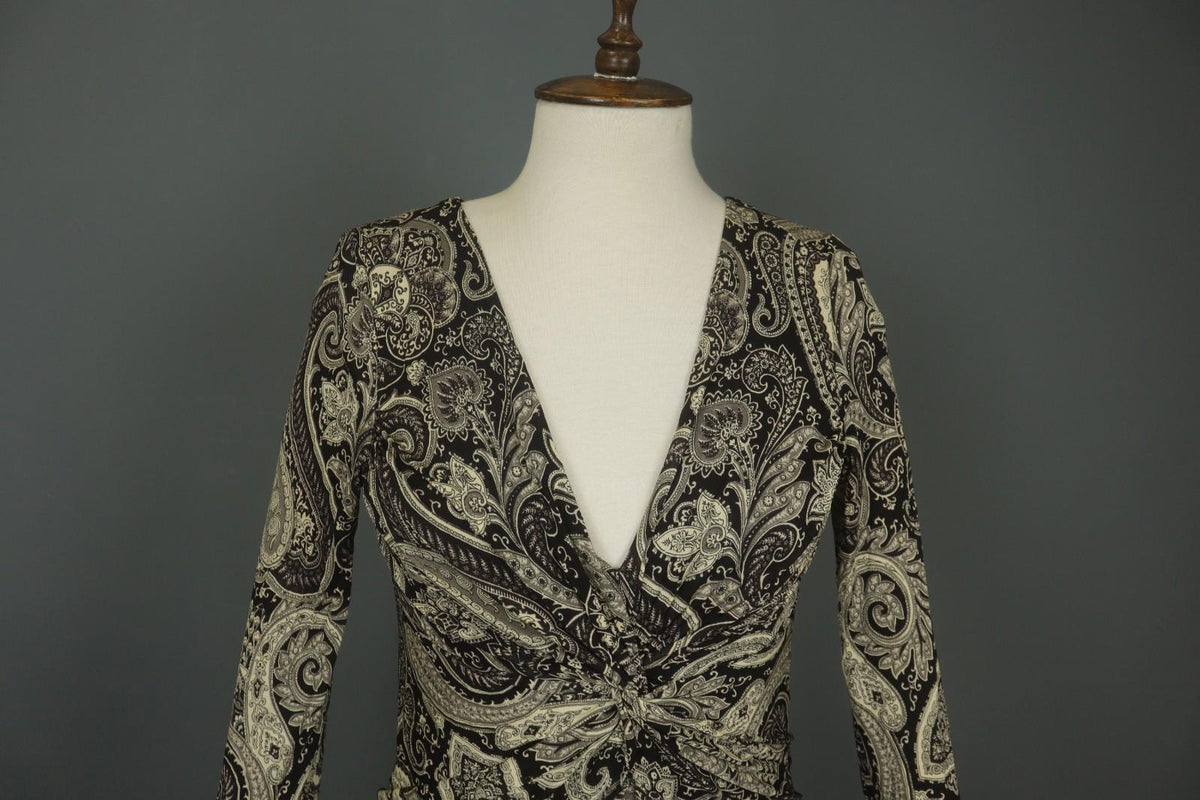 ETRO MILANO Multi Paisley 100% Viscose Long Sleeve V-Neck Sheath Dress – Size 46