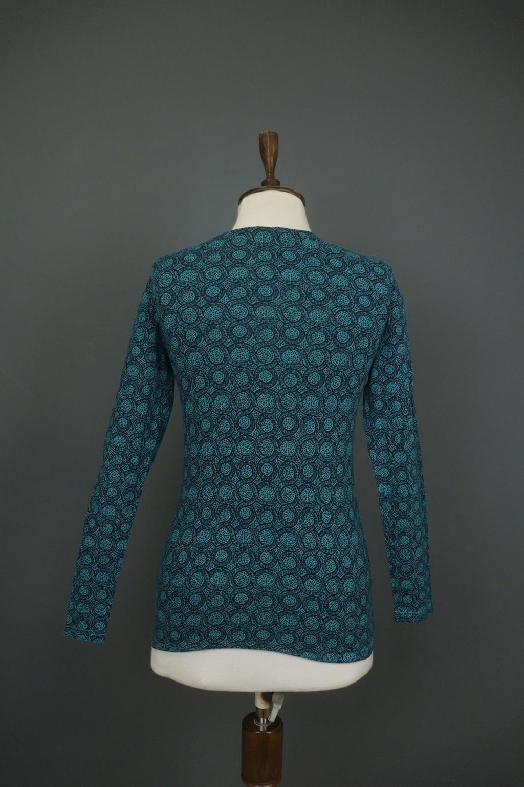 MARIMEKKO Teal Geometric Print Cotton Round Neck Long Sleeve Blouse Top – Size S
