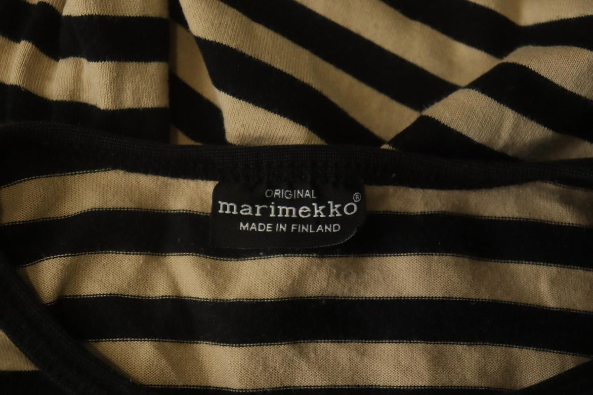 MARIMEKKO Beige and Black Striped Short Sleeve Crew Neck Top Blouse – Size S / M
