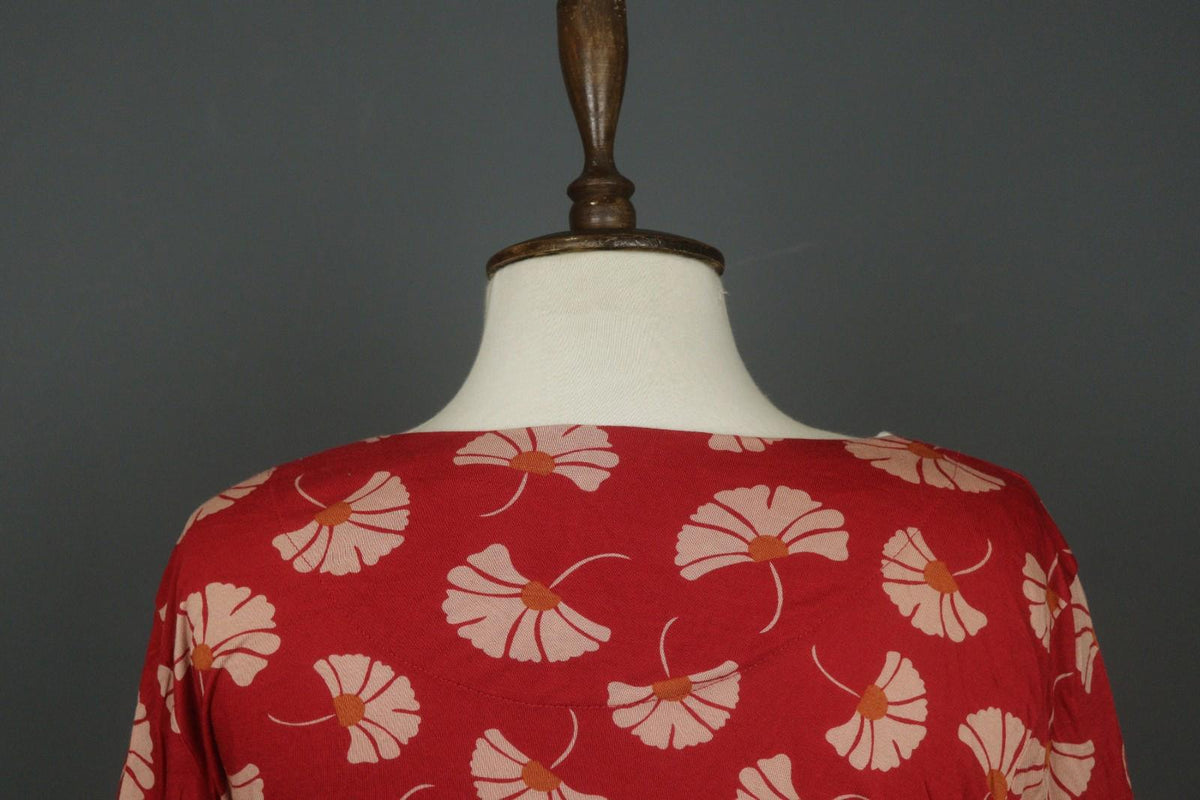 GUDRUN SJODEN Red Tan Floral 100% Modal Classic Long Sleeve Sheath Dress – Size M – Used