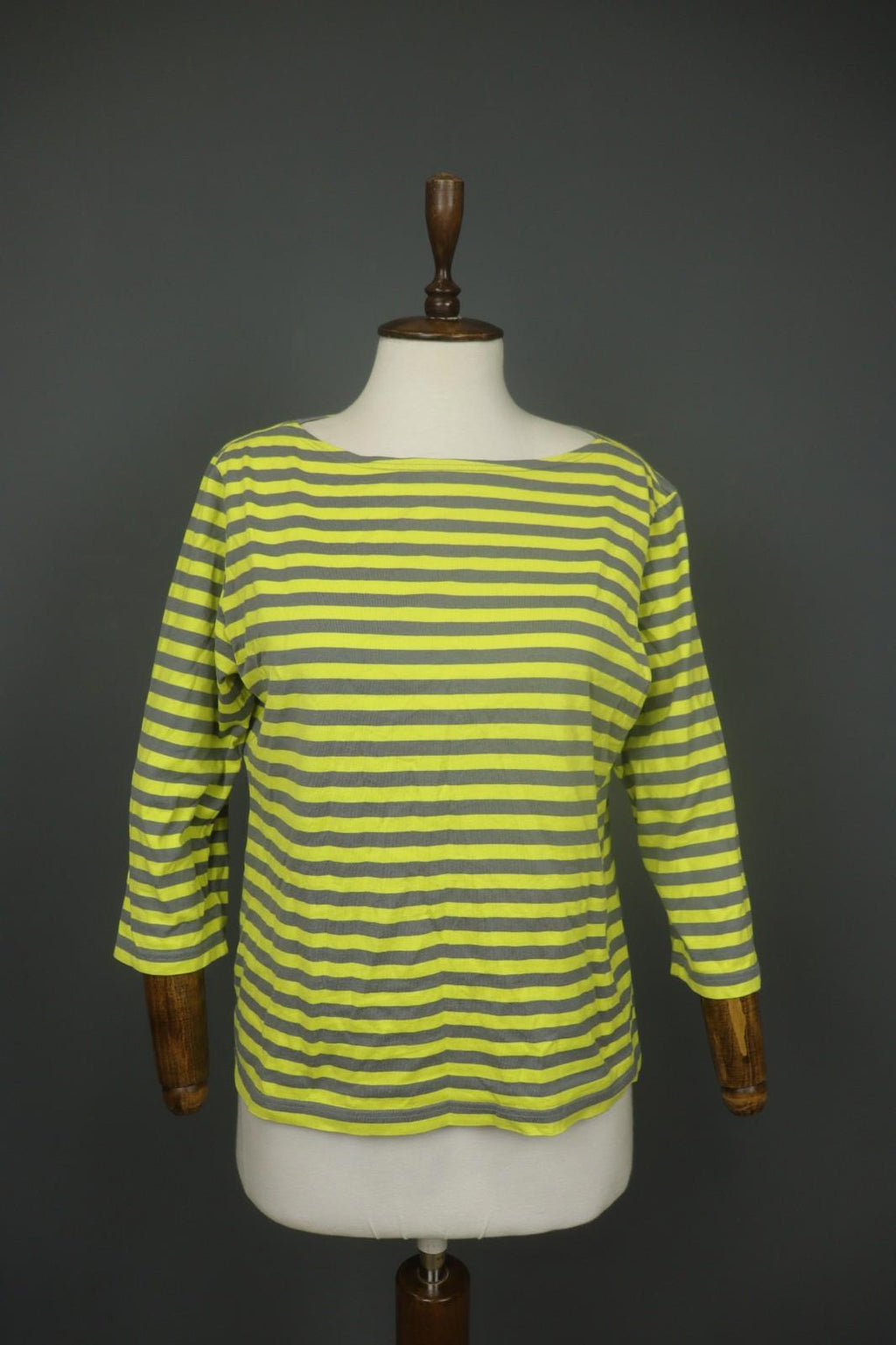 MARIMEKKO Original Yellow Gray Striped 100% Cotton 3/4 Sleeve Knit Top – Size L