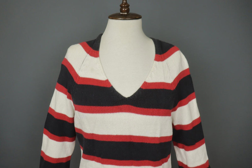 IRIS VON ARNIM Multicolor Striped Cotton Tight Knitted V-Neck Pullover Sweater