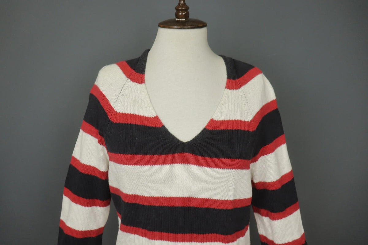 IRIS VON ARNIM Multicolor Striped Cotton Tight Knitted V-Neck Pullover Sweater