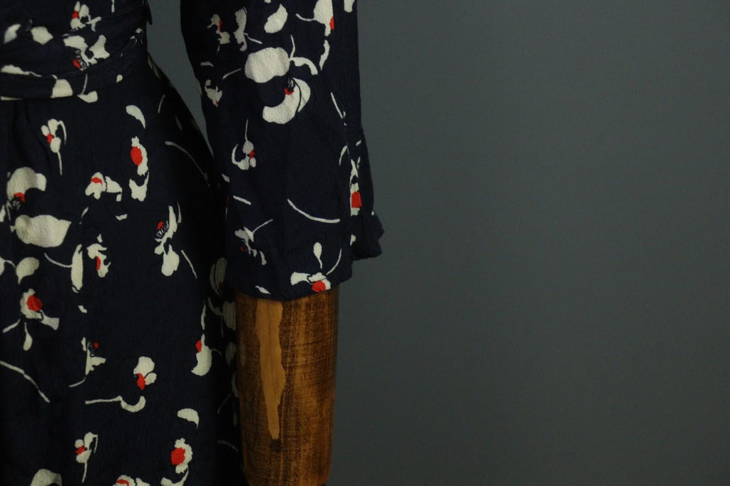 BA&SH Black Floral Long Sleeve V-Neck Belted A-Line Midi Dress – Size 4