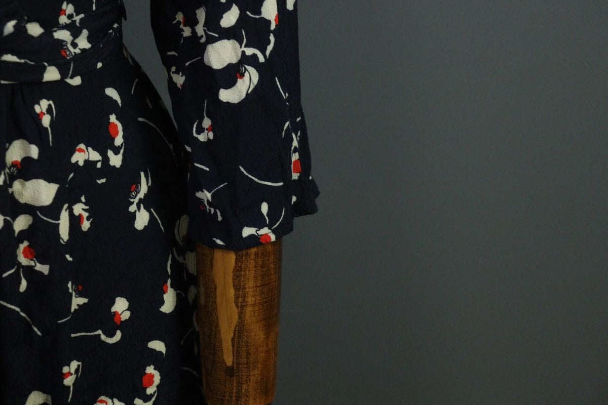 BA&SH Black Floral Long Sleeve V-Neck Belted A-Line Midi Dress – Size 4