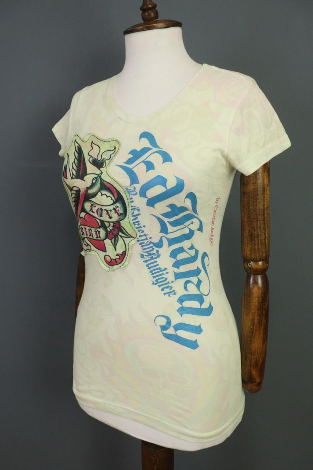 ED HARDY Blouse Shirt Love Kills Slowly Beige Printed Short Sleeve – Size S