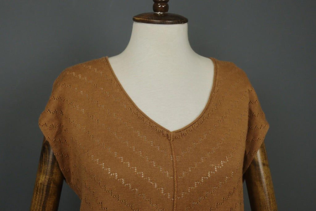 GUDRUN SJODEN Brown Ramie Open Knit Short Sleeve V-Neck Sweater Dress – Size L – Used