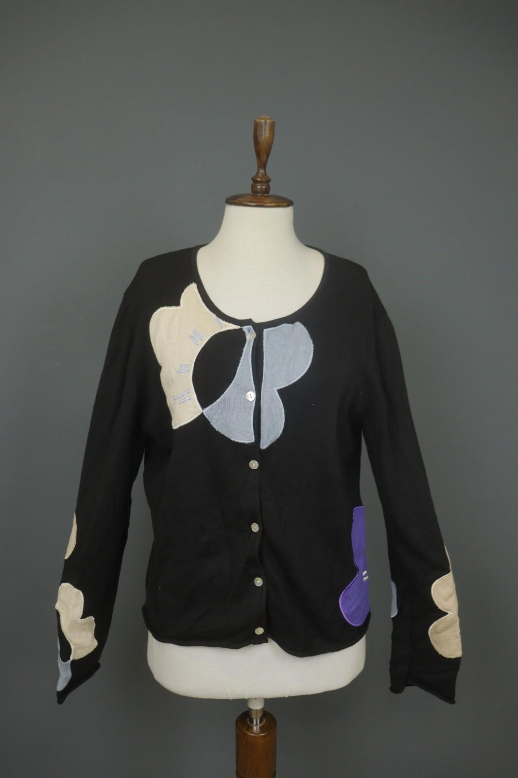 GUDRUN SJODEN Black Embroidered Flower Button Front Cardigan Sweater – Size XL – Used