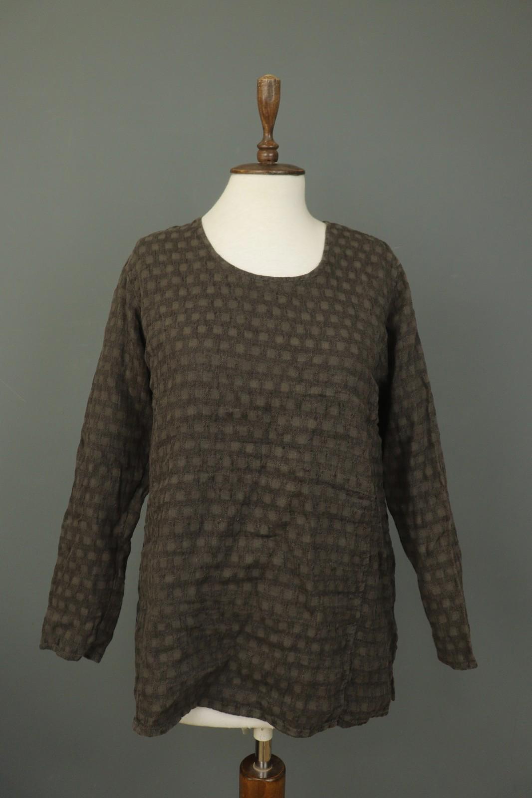 GRIZAS Brown 100% Linen Long Sleeve Round Neck Pullover Tunic Top – Size S