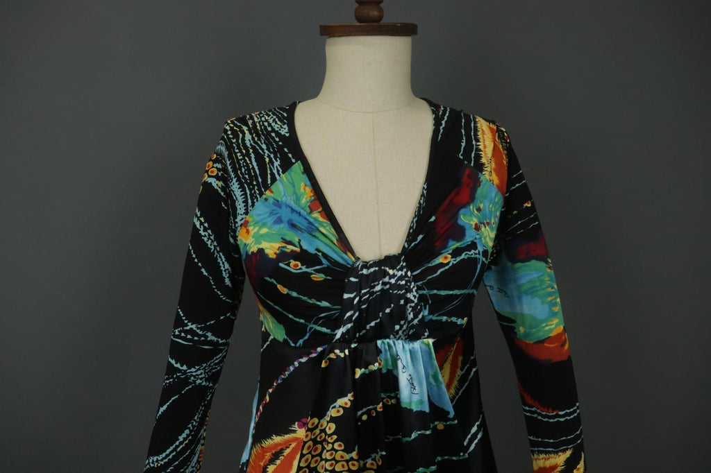 ROBERTO CAVALLI Multicolor Geometric Long Sleeve V-Neck Midi Shift Dress – Size L