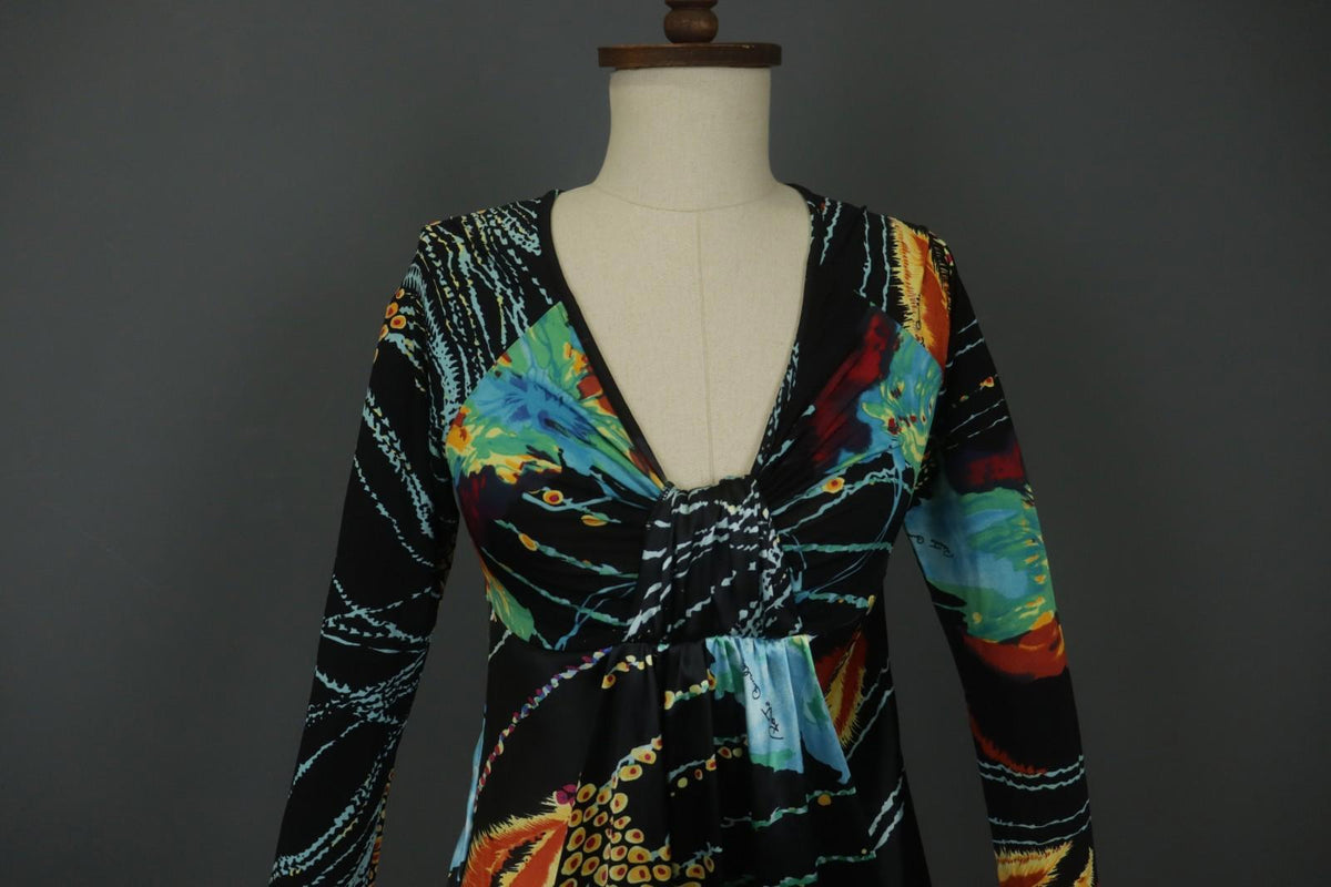 ROBERTO CAVALLI Multicolor Geometric Long Sleeve V-Neck Midi Shift Dress – Size L