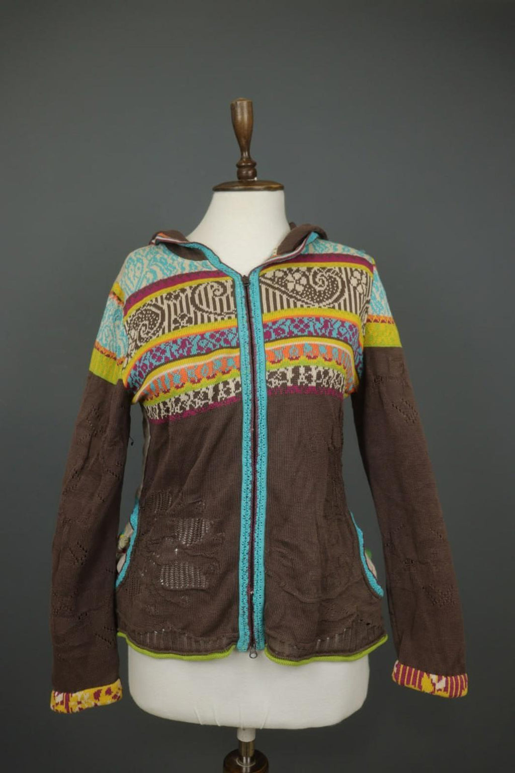 IVKO Multi Embroidered Floral Knitted Long Sleeve Full Zip Hooded Sweater – Size L
