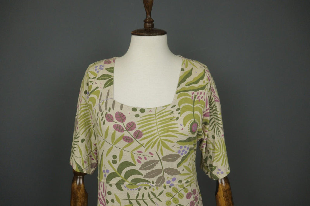 GUDRUN SJODEN Multicolor Leaf Print Short Sleeve Square Neck Sheath Dress – Size M