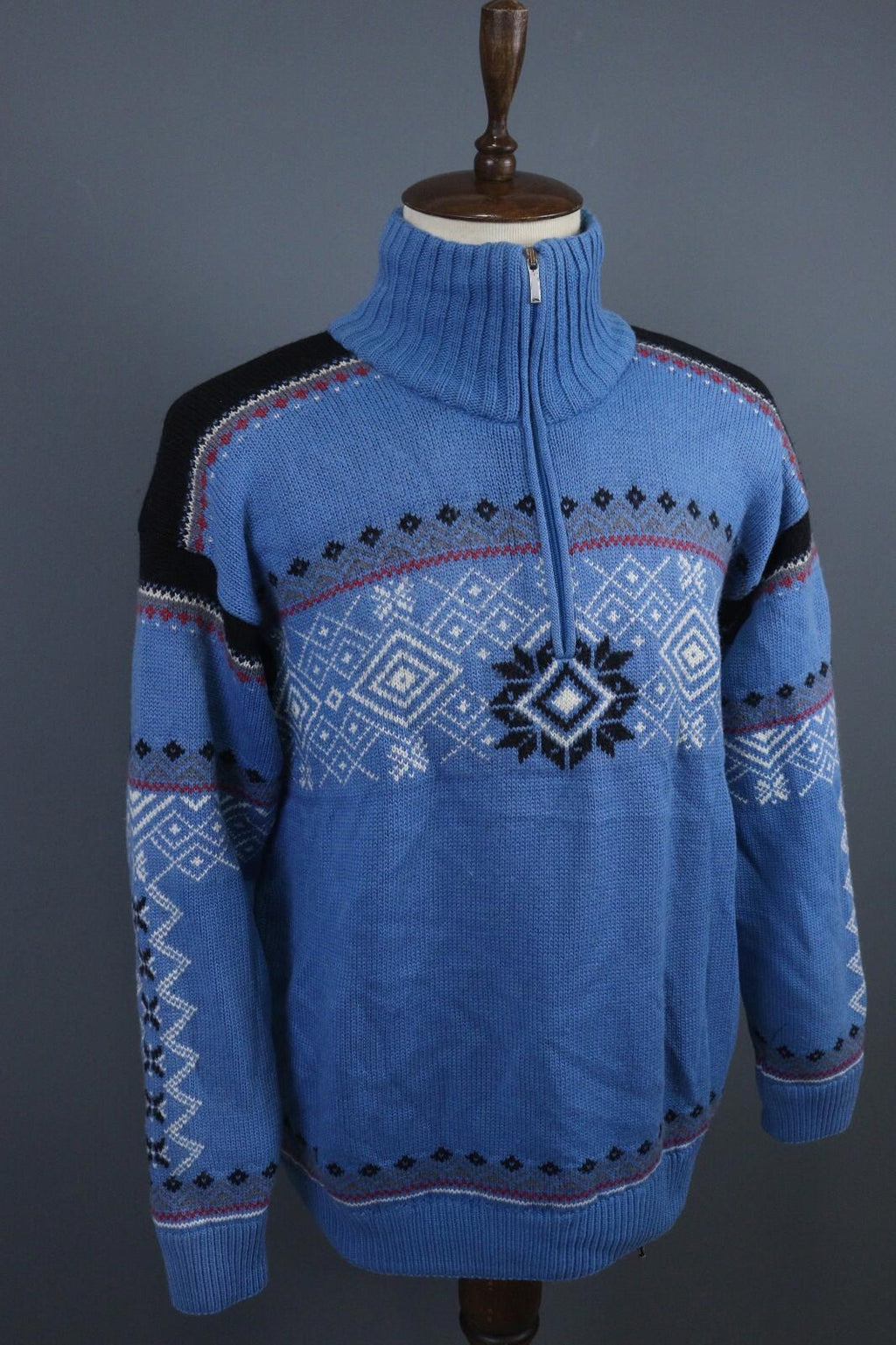DALE OF NORWAY Blue Fair Isle Pure Wool Knit 1/4 Zip Ski Sweater
