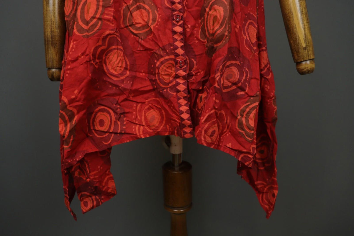 GUDRUN SJODEN Red Cotton Floral Roll Tab Sleeve Button Front Shirt Dress – Size L