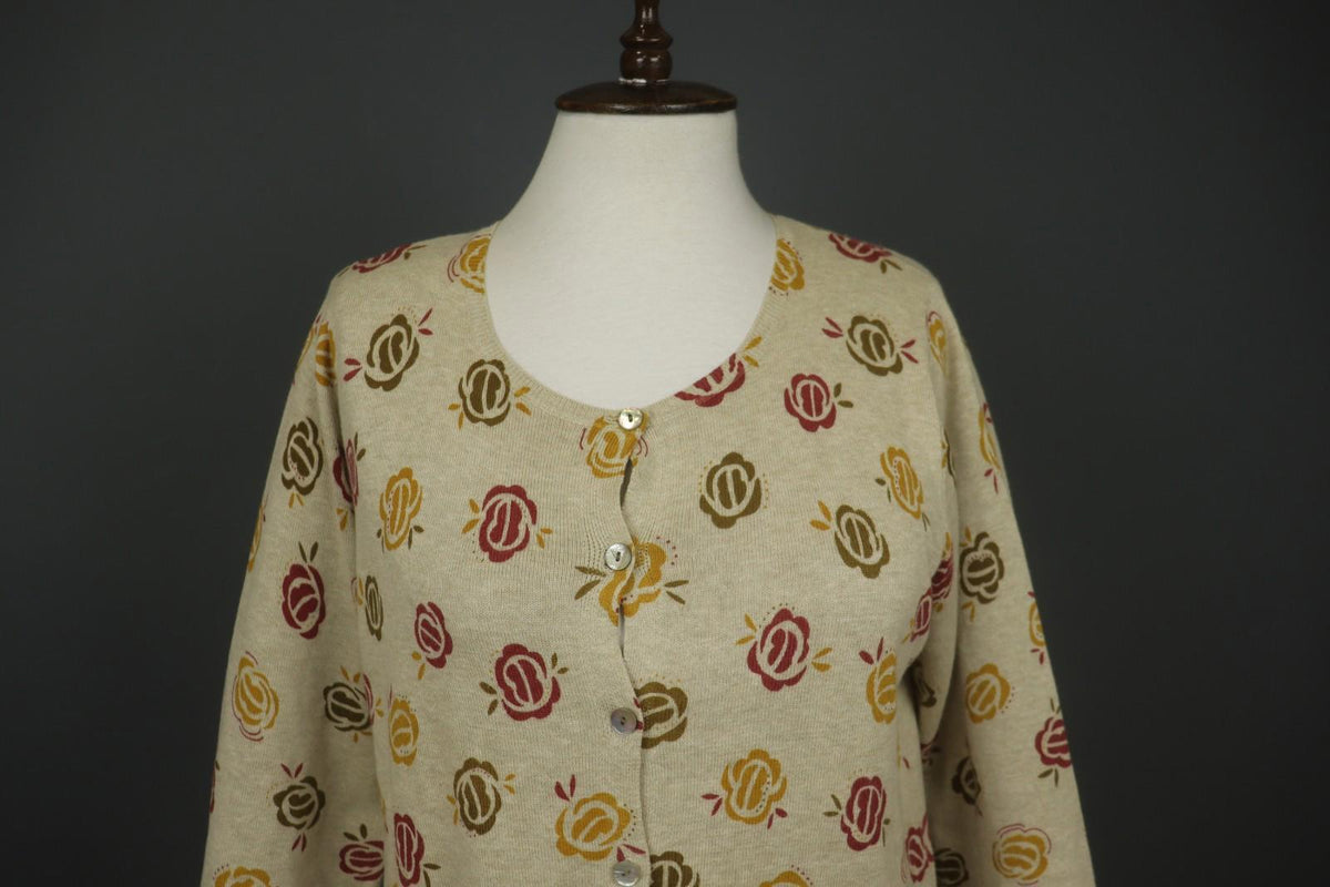 GUDRUN SJODEN Multi Floral 100% Cotton Knit Round Neck Cardigan Sweater – Size M