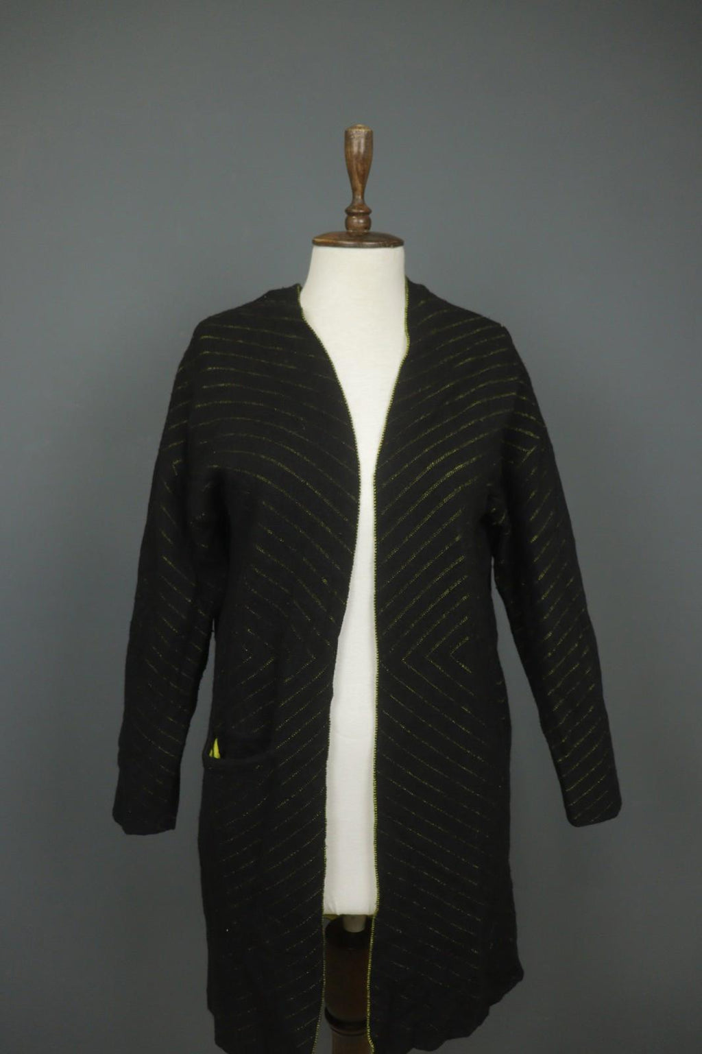 GUDRUN SJODEN Black Geo Print Wool Blend Casual Open Front Knit Long Coat – Size S