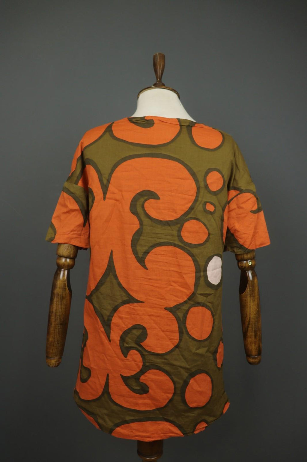 MARIMEKKO Orange Green Geometric Cotton Stretch Round Neck Shift Dress – Size 34