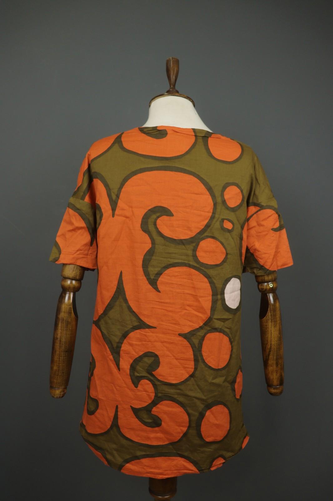 MARIMEKKO Orange Green Geometric Cotton Stretch Round Neck Shift Dress – Size 34