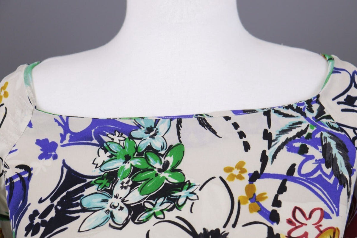 Etro Milano White Floral Silk Short Sleeve Summer Bodycon Dress – Size 42 / M