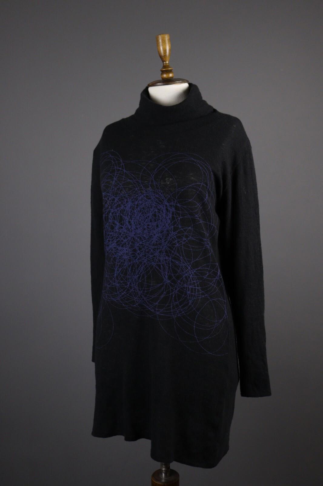 SARAH PACINI Black Wool Abstract Oversize High Neck Sweater Midi Dress – Size L