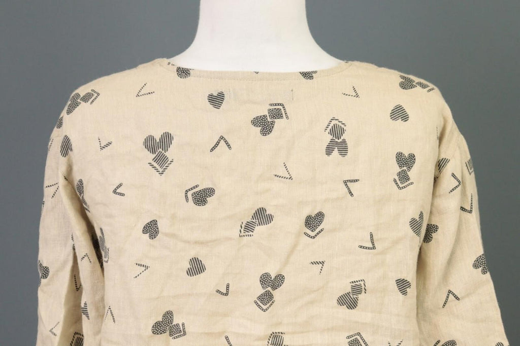 GUDRUN SJODEN Beige Printed Linen Long SLeeve Lagenlook Blouse Tunic Shirt Sz M