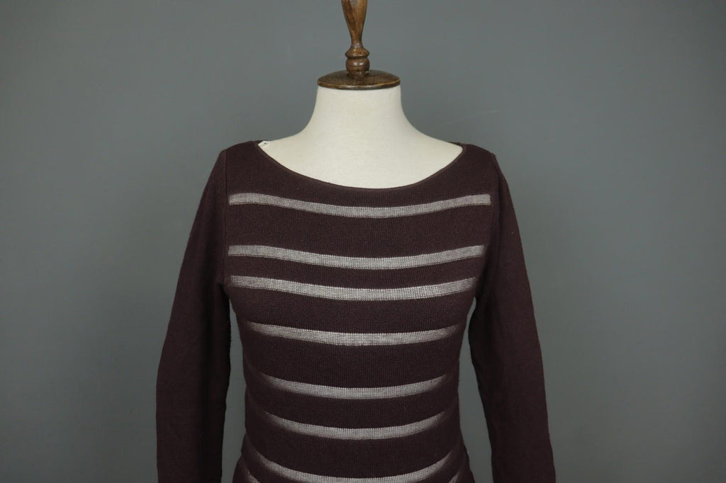 SARAH PACINI Maroon White Striped Knitted Long Sleeve Round Neck Dress M / L