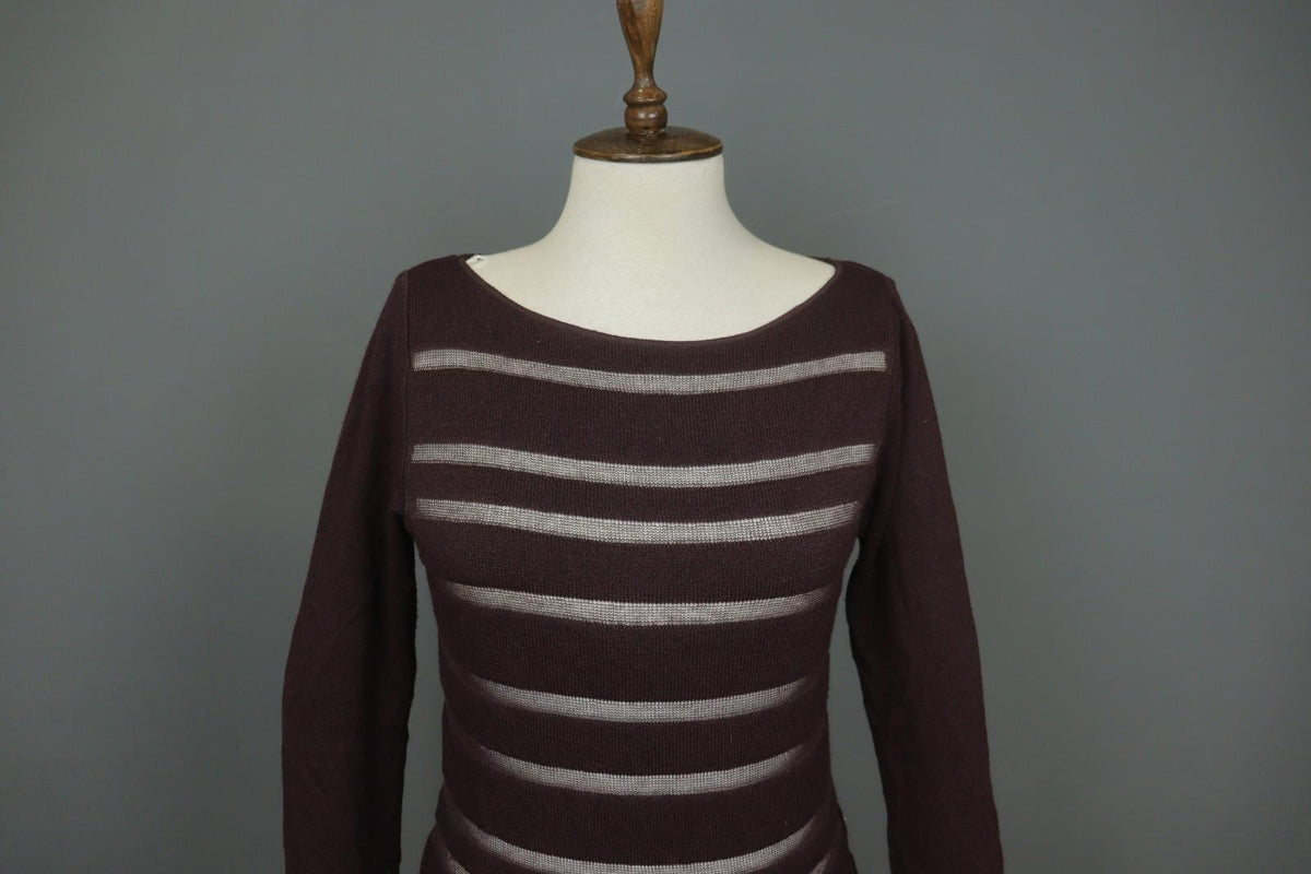 SARAH PACINI Maroon White Striped Knitted Long Sleeve Round Neck Dress M / L