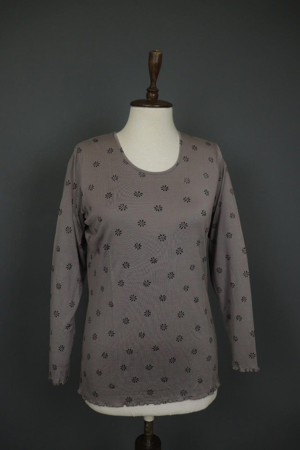 GUDRUN SJODEN Gray & Black Floral Silk Long Sleeve Round Neck Blouse Top – Size M