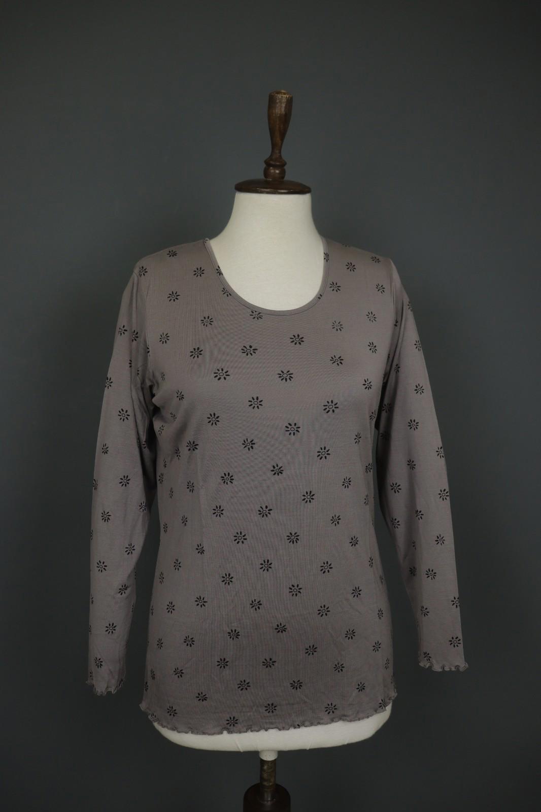 GUDRUN SJODEN Gray & Black Floral Silk Long Sleeve Round Neck Blouse Top – Size M