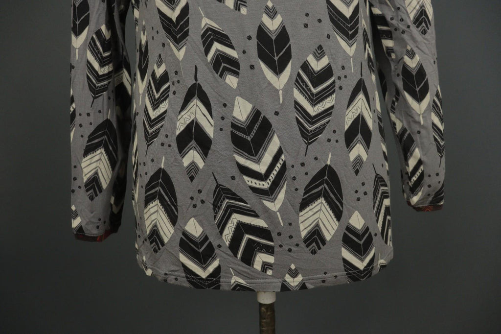 GUDRUN SJODEN Gray Black Leaf Print Round Neck Long Sleeve Pullover Blouse Top