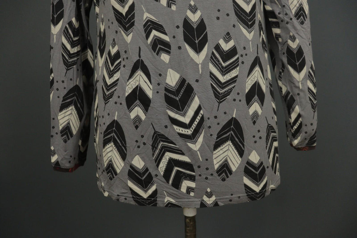 GUDRUN SJODEN Gray Black Leaf Print Round Neck Long Sleeve Pullover Blouse Top