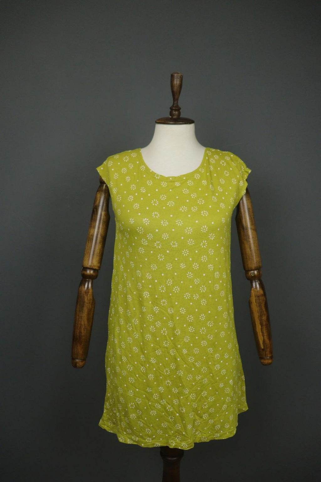 GUDRUN SJODEN Green White Floral 100% Modal Short Sleeve Round Neck Sheath Dress