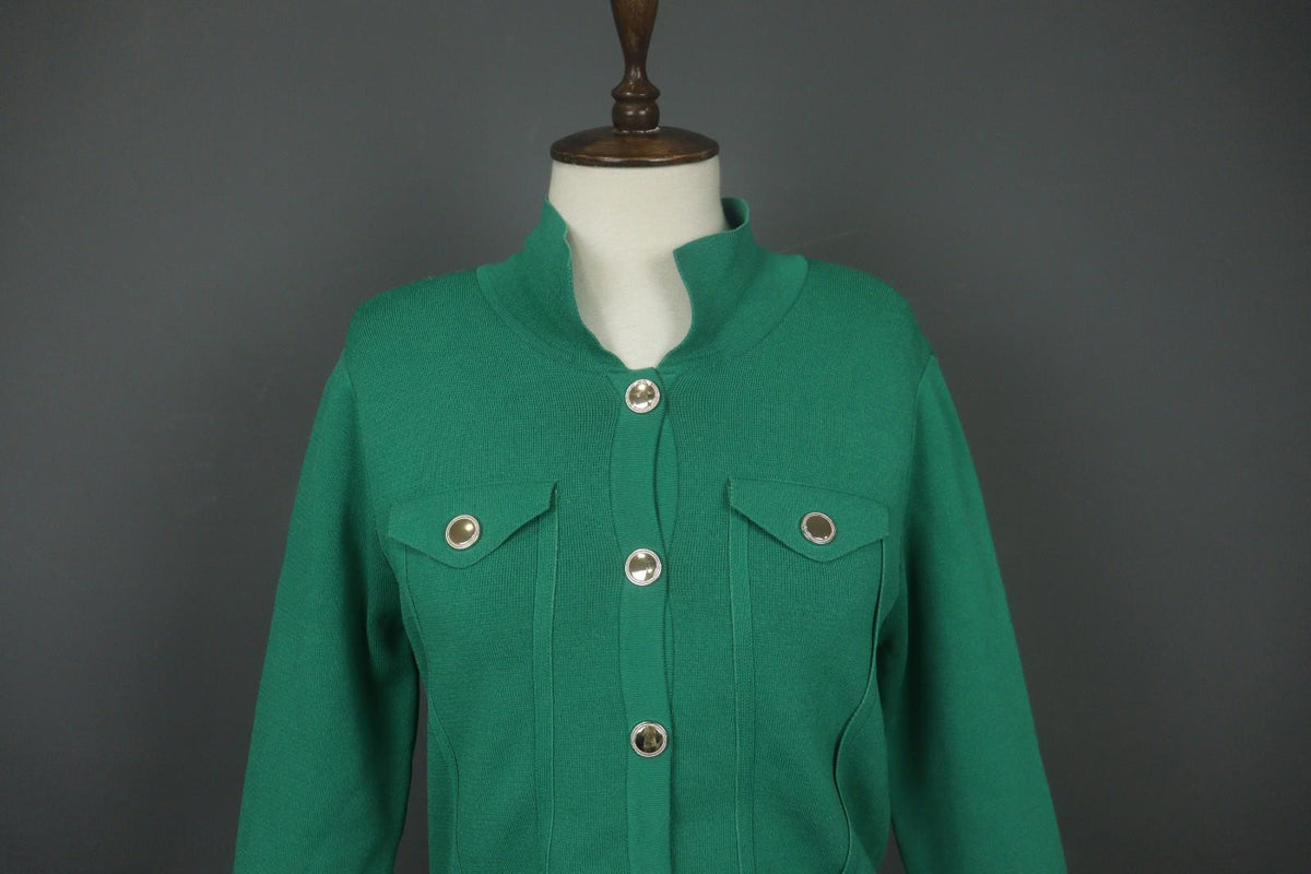 SEZANE Green Knitted Casual Mock Neck Long Sleeve Button Front Cardigan Sweater