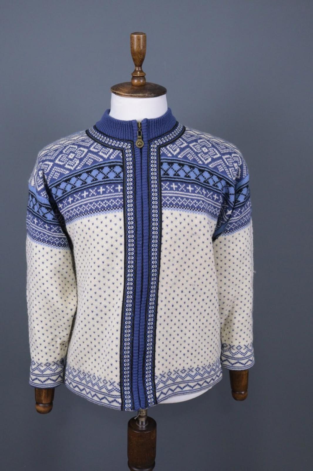 WIND-FJORD CALSSIC Blue / Beige Wool Full Zip Ski Jacket – Size S