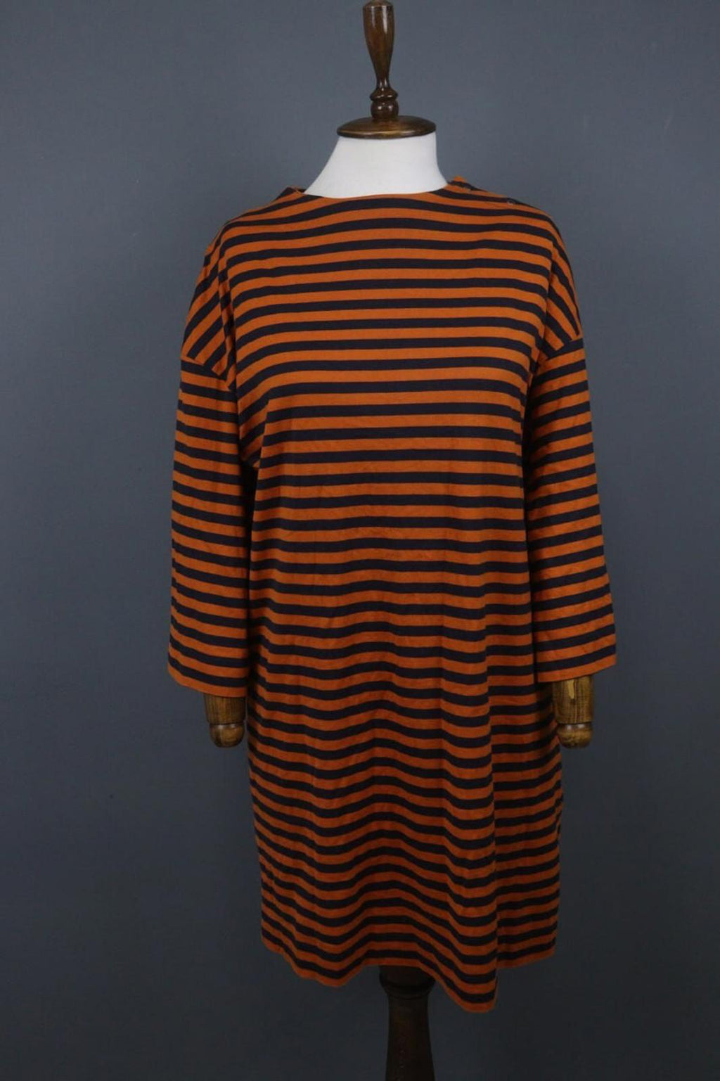 MARIMEKKO TASHIA Orange Black Striped Cotton Long Sleeve Shift Dress – Size XL