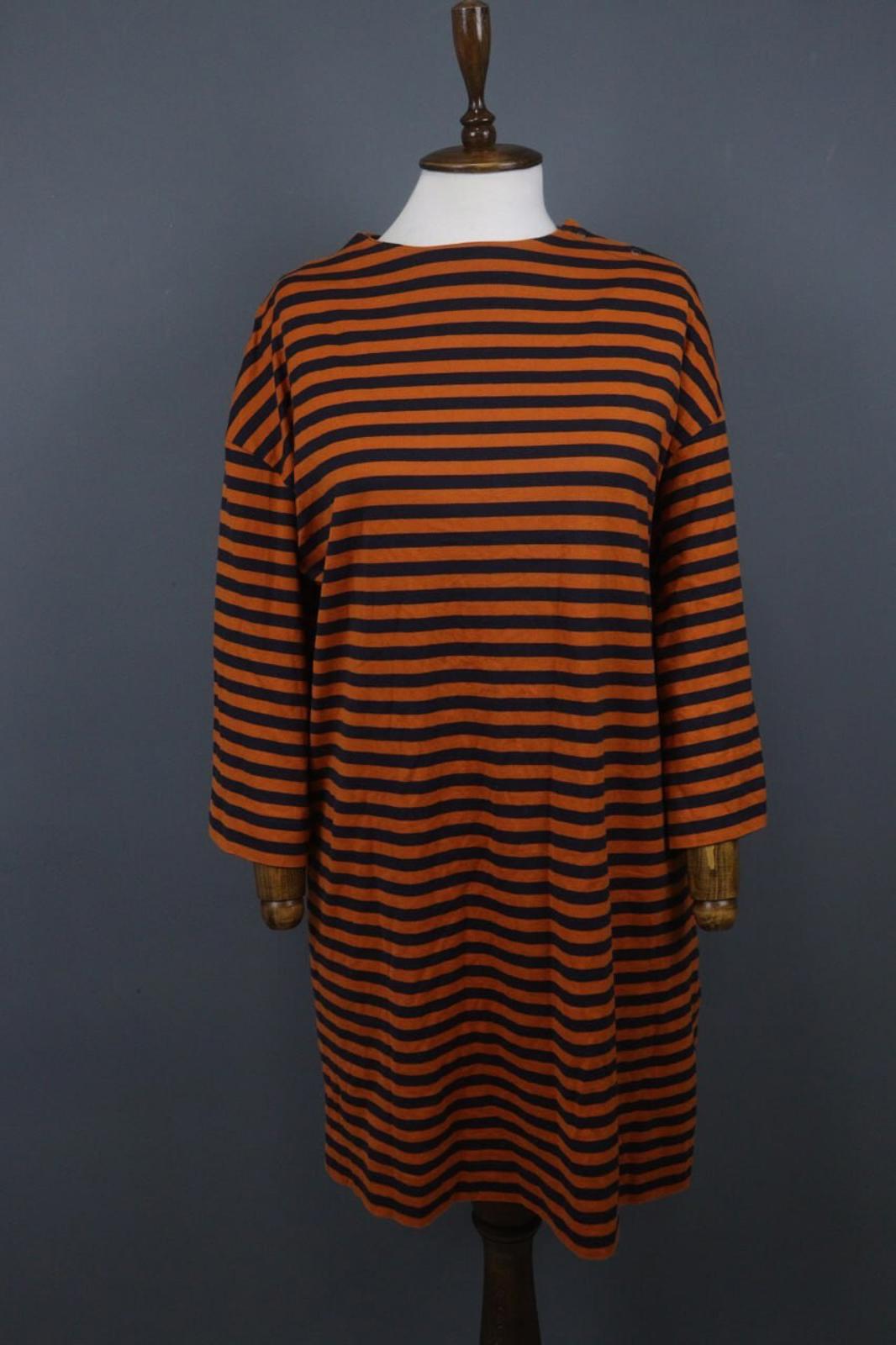 MARIMEKKO TASHIA Orange Black Striped Cotton Long Sleeve Shift Dress – Size XL