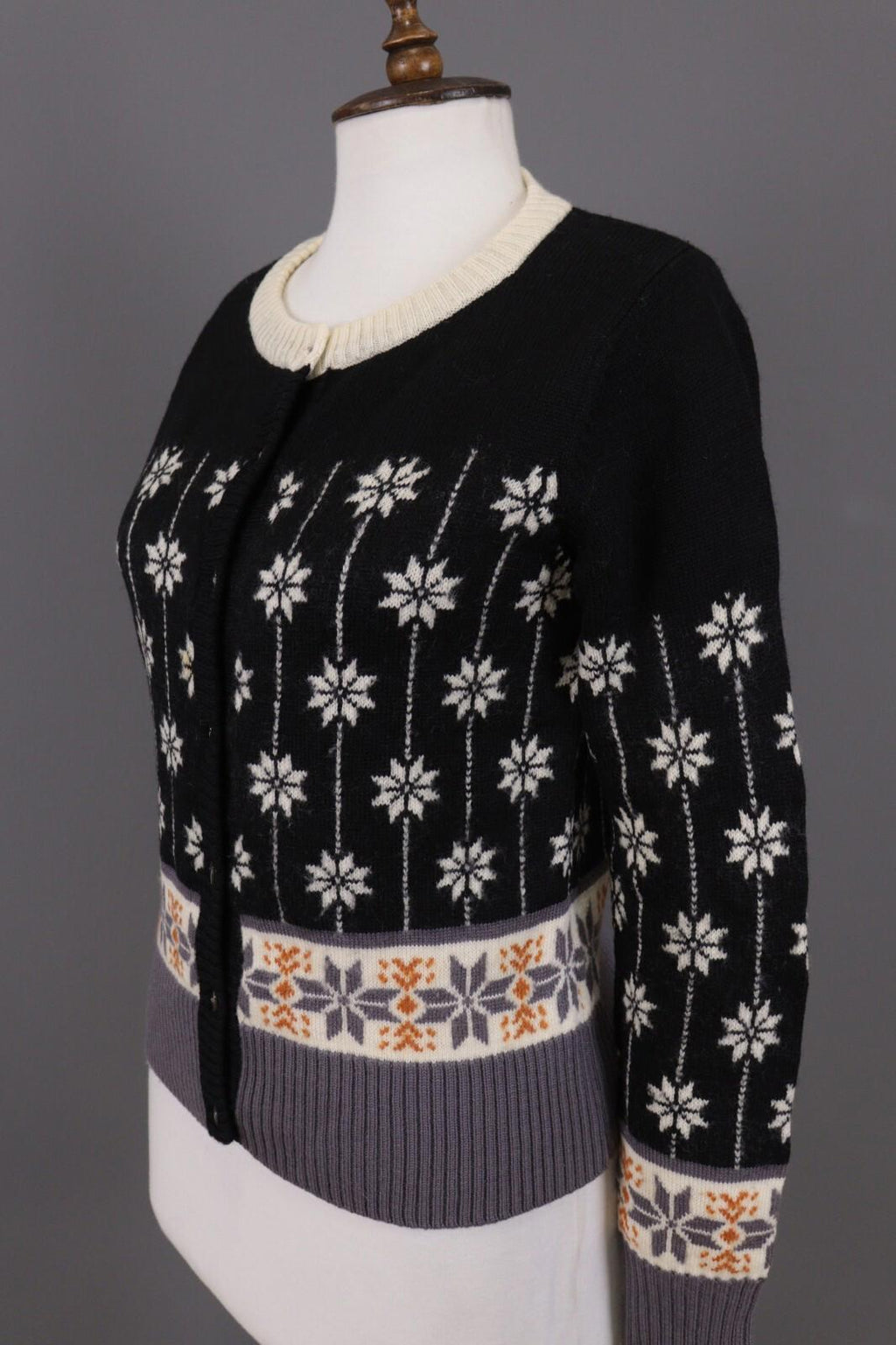 GUDRUN SJODEN Black Floral Wool Knit Cardigan Sweater – Size M