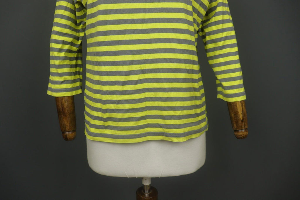 MARIMEKKO Original Yellow Gray Striped 100% Cotton 3/4 Sleeve Knit Top – Size L