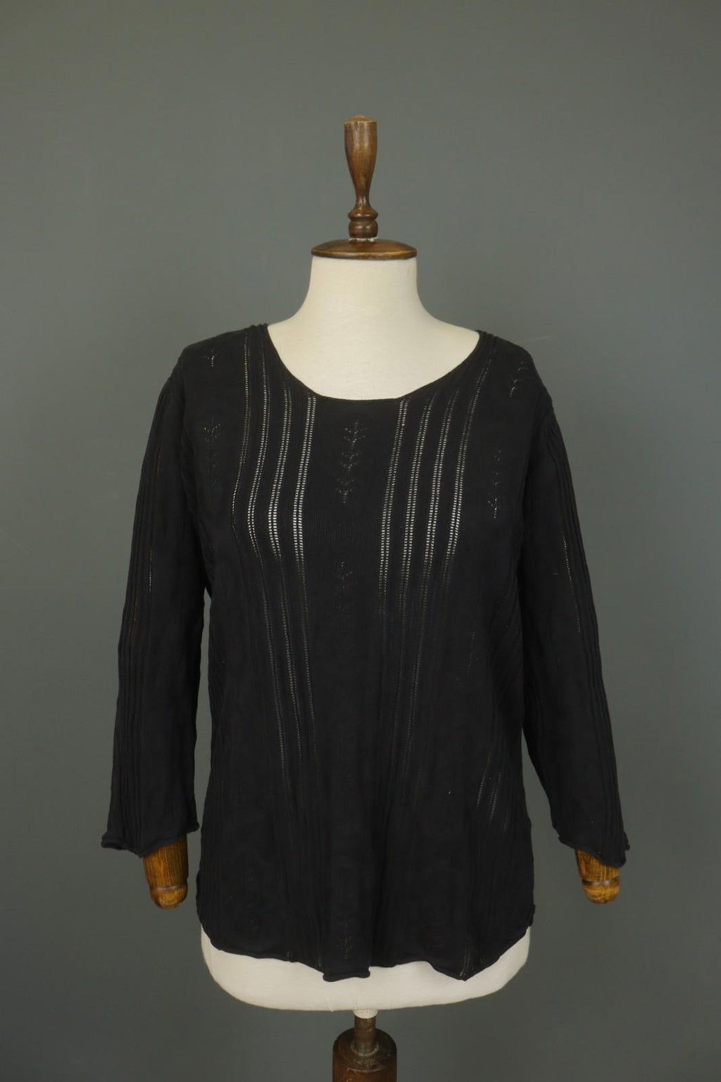 GUDRUN SJODEN Black Silk Open Knit Long Sleeve Round Neck Pullover Sweater