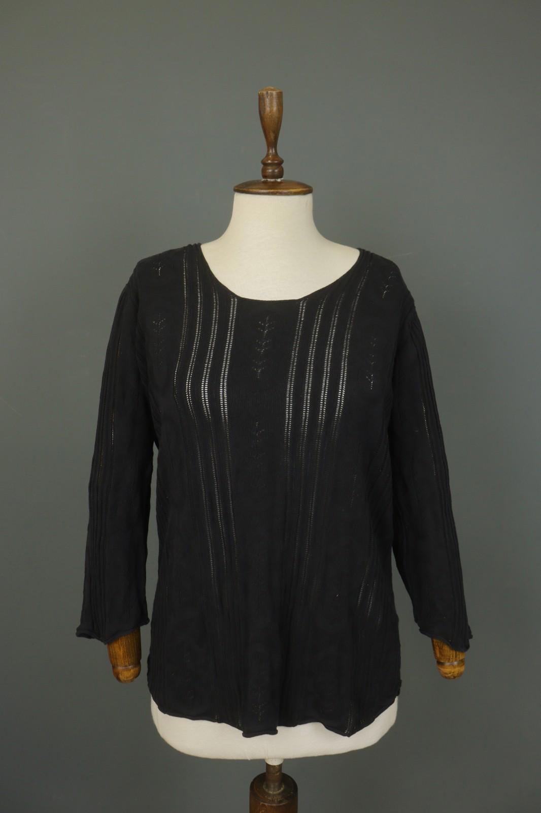 GUDRUN SJODEN Black Silk Open Knit Long Sleeve Round Neck Pullover Sweater