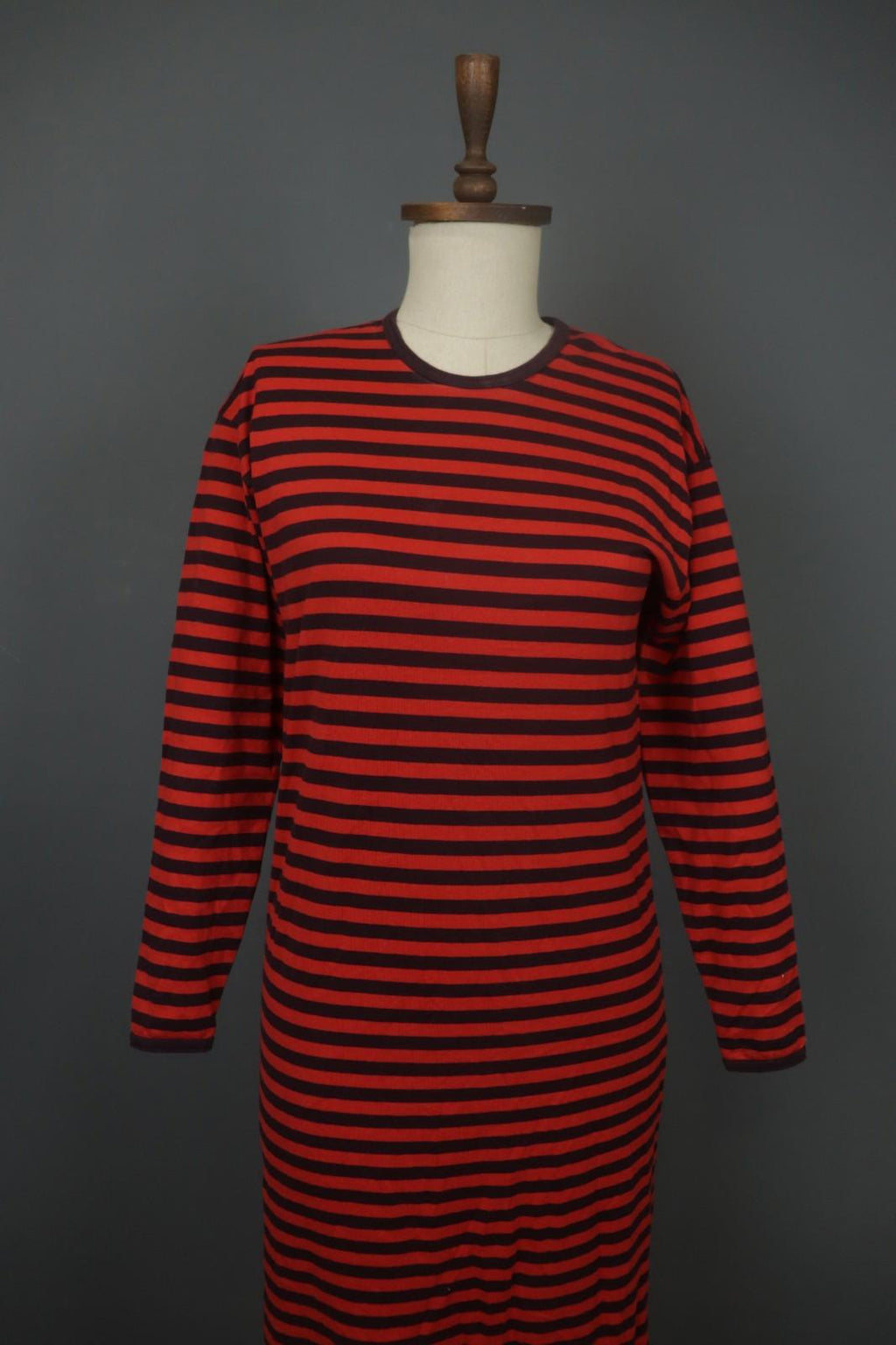 MARIMEKKO PITKĀMEKKO Red Black Striped Cotton Long Sleeve Shift Dress – Size XS