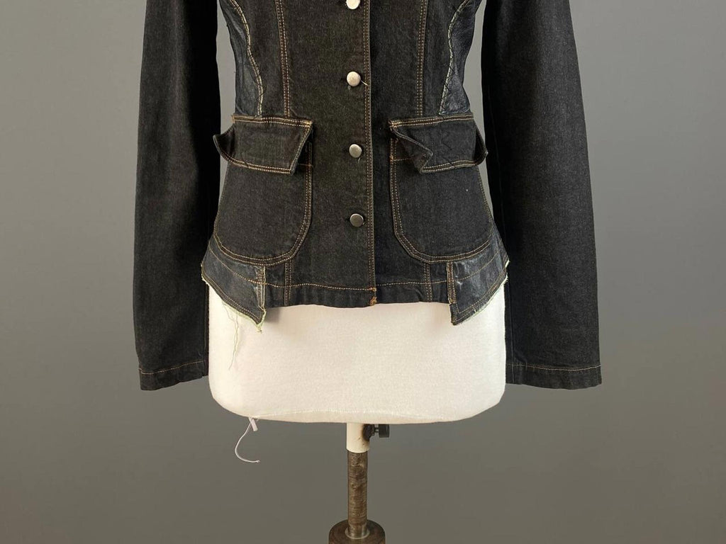 TRANSIT Jeans Black Elbow Patches Hand Print Custom Denim Jacket – Size M 2