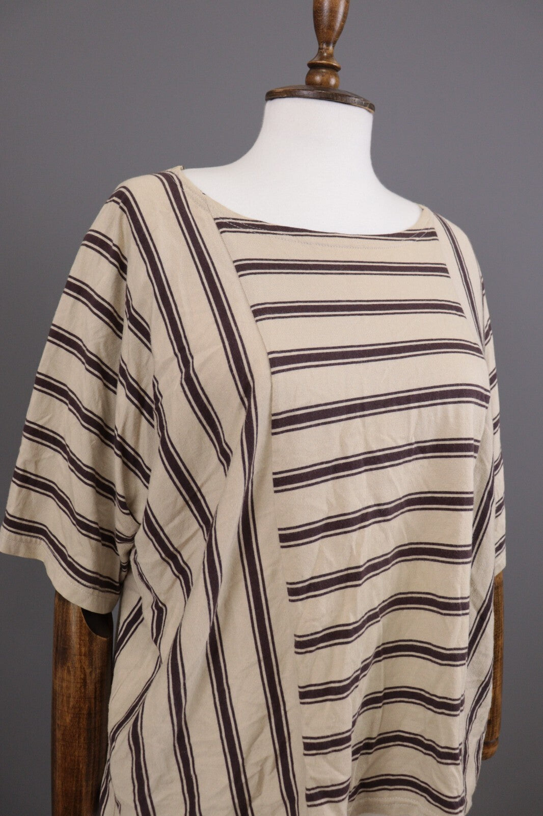 Gudrun Sjoden Beige Striped Short Sleeve Lagenlook Relaxed Blouse Shirt – Size M